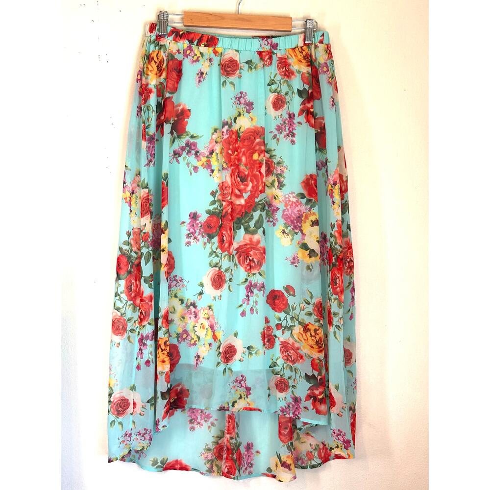 Bobeau Light Blue Turquoise Floral Print High-Low Hem Midi Skirt Size M Boho